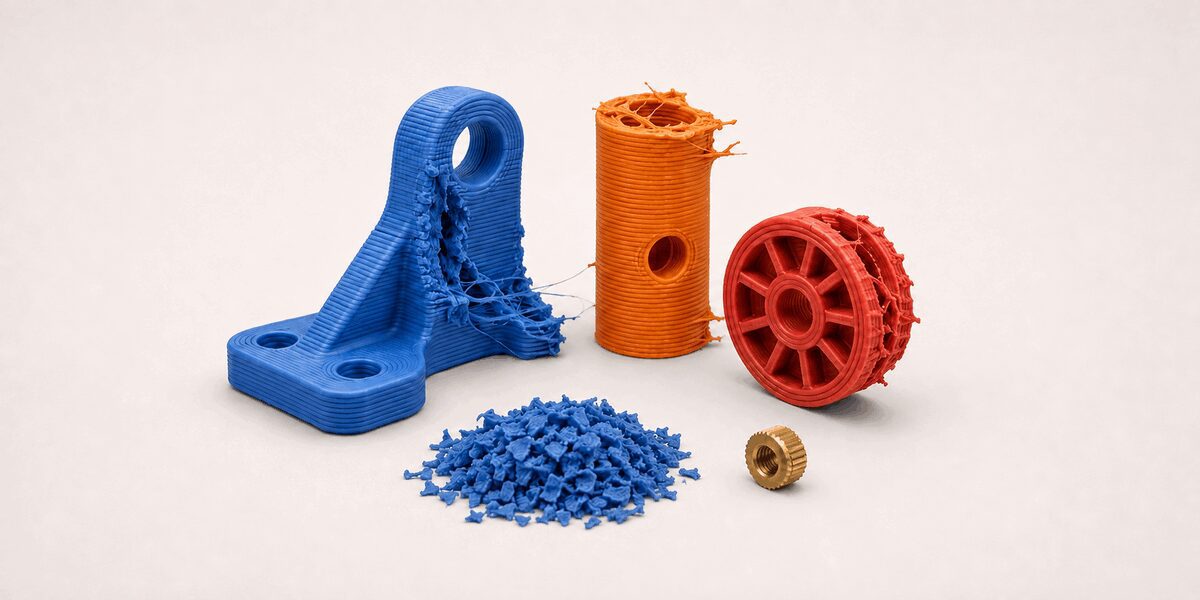 Failed blue, orange, and red 3D-printed parts beside blue plastic flakes and a separated brass threaded insert