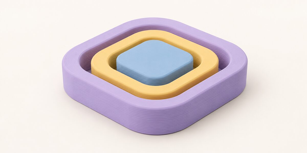 Pastel abstract forms show 3D printing accuracy through an even fit, linking printing tolerance with dimensional accuracy.