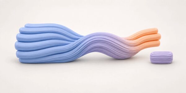 Pastel forms merge by mass into a recycled filament blending test batch, showing a controlled plastic blend ratio.