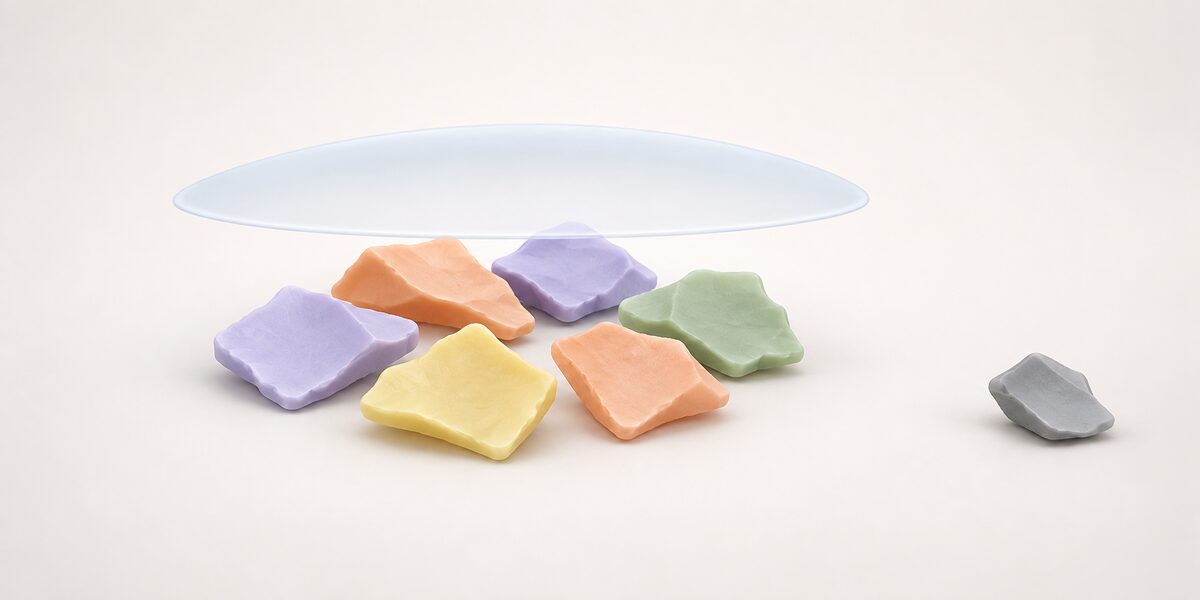 Pastel flakes grouped under a clear plane show how to store shredded plastic with regrind storage that helps keep flakes dry.